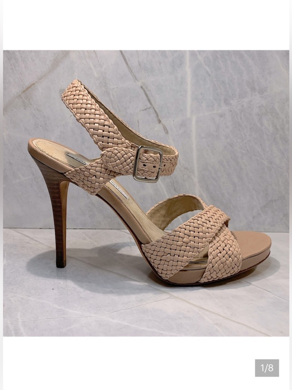 NWOB Diane Von Furstenberg leather woven tan sandals with 4.5” heels size 9